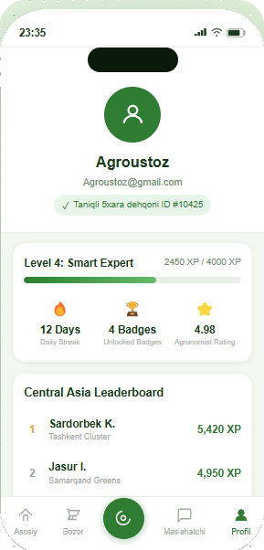AgroUstoz — profil va reyting ekrani
